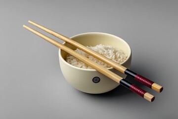 Chopsticks resting on a ceramic holder beside a bowl of rice on a minimalist surface