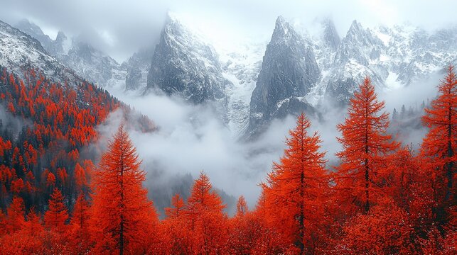 Autumnal mountain range, misty valley, red larch trees, scenic landscape, travel poster