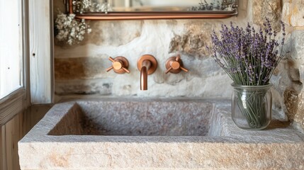 A rustic farmhouse bathroom sink made of stone, with copper fixtures and dried lavender in a jar nearby 