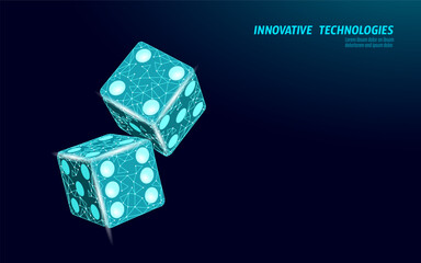 Two dice low poly art. Geometric design features dots and connecting lines. Gambling tech, online casinos, and data science visualization. Dark blue background, digital rendering, futuristic style