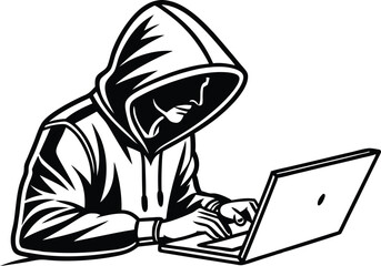 A Hooded Man Using Laptop in a Focused and Mysterious Mood