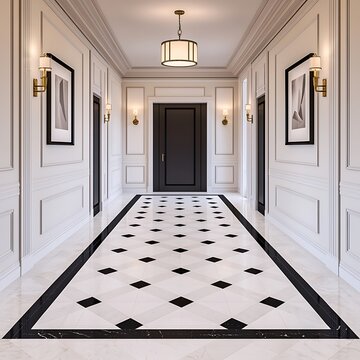 Elegant Hallway Interior with Black Door, Geometric Floor Design, and Stylish Lighting Fixtures for a Modern Home.