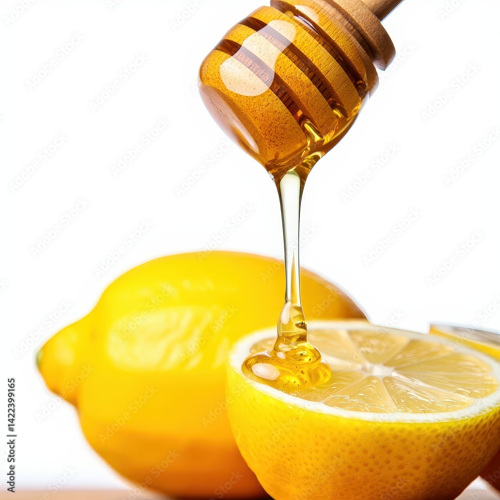 Poster honey dripping from honey dipper onto two lemons, creating golden syrup effect.