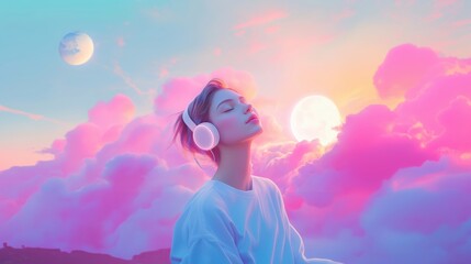 Neon glow, young woman enjoying music with stylish headphones in dreamy pink lighting