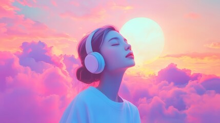Neon glow, young woman enjoying music with stylish headphones in dreamy pink lighting