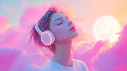 Neon glow, young woman enjoying music with stylish headphones in dreamy pink lighting