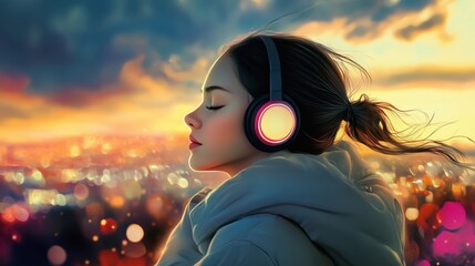 Young woman with headphones listening music, enjoying sunset landscape