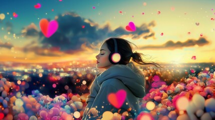 Young woman with headphones listening music, enjoying sunset landscape and flowers