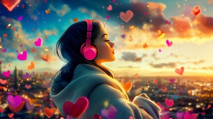 Young woman with headphones listening music, enjoying sunset cityscape