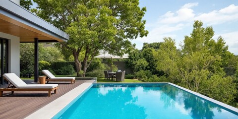 Modern infinity pool with turquoise mosaic tiles, loungers and shelter on one side, overlooking a private garden with trees 