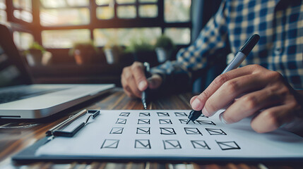Person marking checkboxes on a printed questionnaire or survey form with a pen, representing evaluation, feedback collection, decision making, quality control inspection, or customer satisfaction asse