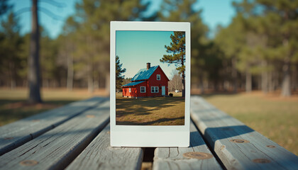 Adorable red house with solar panels in a polaroid on a wooden table  