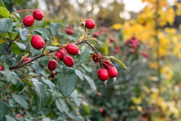 Fototapeta premium Vibrant Red Rosehips on Bush Branch Autumnal Nature