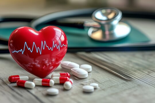 Red heart with ecg line and pills on table, stethoscope in background for healthcare concept