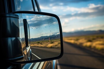 Fototapeta premium Rearview mirror of car on road