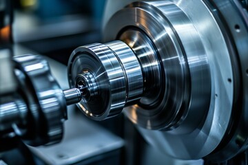 Fototapeta premium Close up of advanced industrial machine on stainless steel lathe in production factory setting