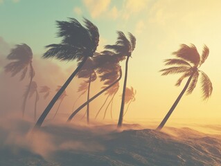 Dramatic tropical island landscape with palm trees in a strong wind during golden hour sunset creating a moody atmosphere