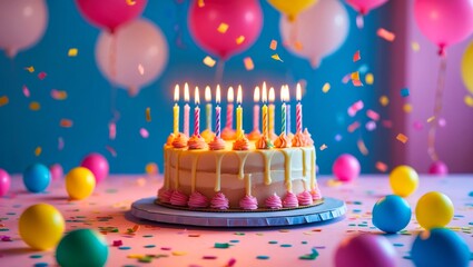 Celebration scene with a birthday cake topped with lit candles, colorful balloons, and confetti scattered on a pink surface.
