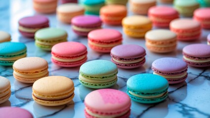 Obraz premium Colorful macarons are displayed on a textured surface. Variety of pastel hues create a visually appealing and appetizing pattern.