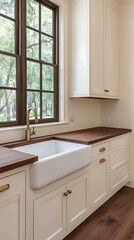 Elegant Interior View Featuring a Classic Sink, Wood Countertops, Window Views, and Modern Cabinetry Aesthetics.