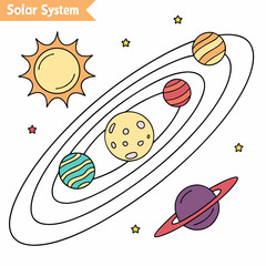 Colorful Solar System Illustration With Planets Sun And Stars For Kids Education