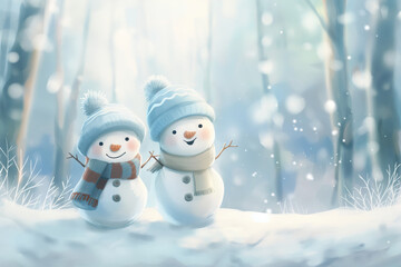 Cute snowman couple smiling in snowy forest. Winter holiday and Christmas concept.