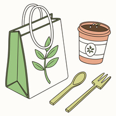 Eco Friendly Food Delivery With Reusable Bag Cup And Utensils Illustration
