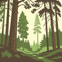 Scenic Forest Landscape With Pathway Between Trees Vector Illustration