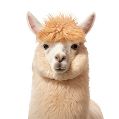 Obraz premium Close up portrait of a fluffy alpaca with a tan fringe looking directly at the camera on a transparent background png