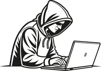 A Hooded Man Using Laptop in a Focused and Mysterious Mood