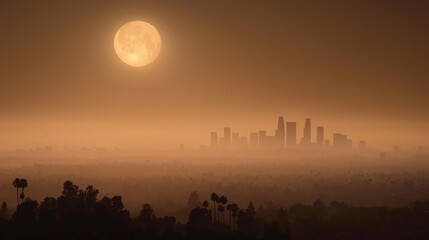 Big moon on a smoggy sky over forest and city skyline. Concepts of air pollution,  environmental impact, and urban air quality awareness