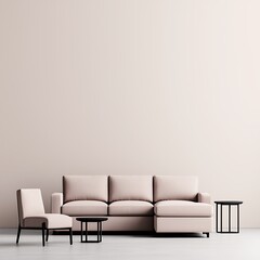 Elegant minimal interior with soft lighting, showcasing comfortable sofa and chair, perfect for home design and furniture inspiration.