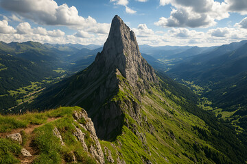 Sharp Rocky Peak Rising Over Verdant Valley at Sunset