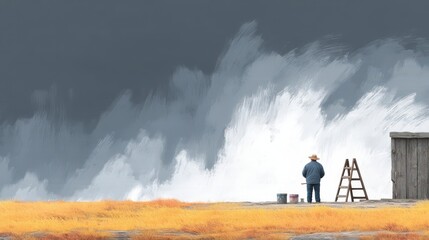 Obraz premium Solitary Painter Dramatic Sky Rural Landscape Paint Wall Construction Worker