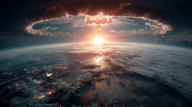 View from outer space of a massive nuclear explosion on Earth symbolizing global conflict irreversible destruction human vulnerability and the fragile balance between technology and survival
- Powered by Adobe