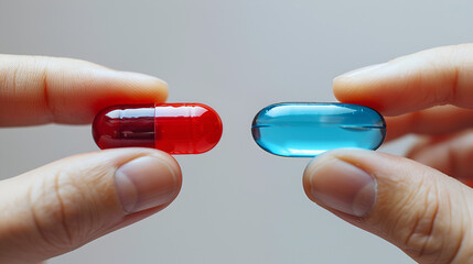 Fingers holding a red and a blue gel capsule pill facing each other, symbolizing choice, decision, dilemma, contrasting options, medical treatment alternatives, or pharmaceutical concepts on grey back