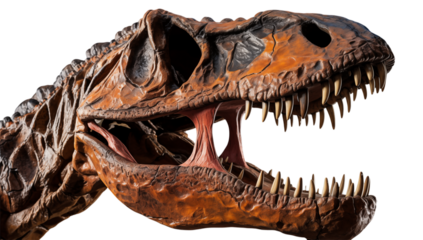 Close up view of a dinosaur skull with sharp teeth on a transparent background in a studio setting png