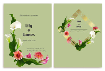 Wedding invitation. Tropical flower wreath. Calla lilies. Green leaves. Floral background. Postcard. Pink dahlia. Tropical flowers.