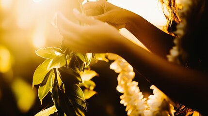 Close-Up of Hands Placing Lei Around Statue of Hawaiian Monarch