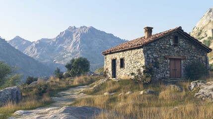 Fototapeta premium Rustic stone cottage nestled in a mountain valley, serene mountain landscape, pathway leading to a secluded home, idyllic country scene, peaceful atmosphere.