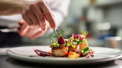 Chef delicately plating an exquisite dish.  The vibrant colors and careful presentation highlight the culinary artistry.