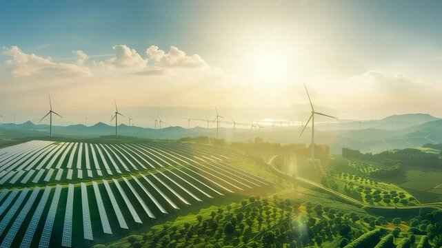An aerial shot of solar panels and wind turbines in a lush, green landscape under a bright sky, symbolizing renewable energy and sustainable development. Mountains are seen on the horizon.