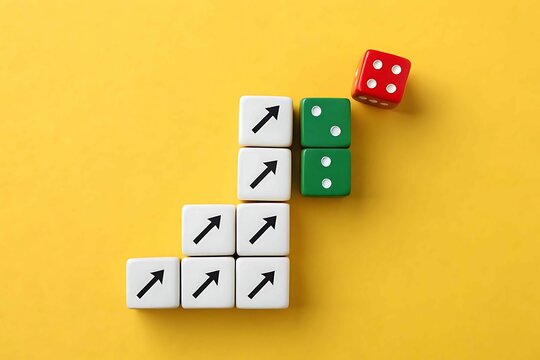 Strategic dice arrangement highlighting direction and numeric values on a vibrant yellow surface