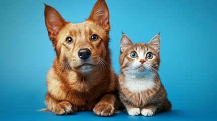 Playful Dog and Cat Companions on Vibrant Blue Background
