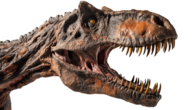 Close up of a dinosaur head with sharp teeth and open mouth against a transparent background detail view png