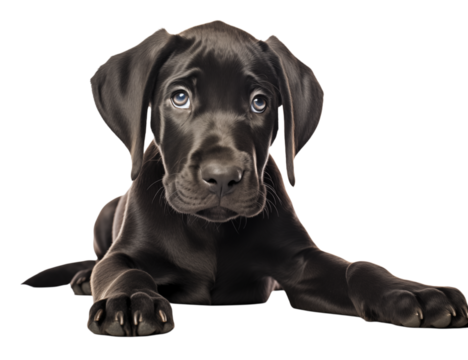 A black great dane puppy lying down with its front paws outstretched looking directly at the viewer png