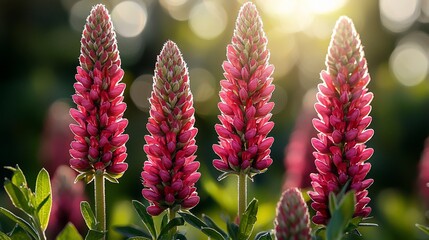 Pink lupines backlit by sunset, garden background, nature photography