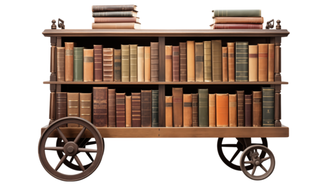A vintage bookshelf on wheels filled with old books in various colors and sizes on a transparent background png
