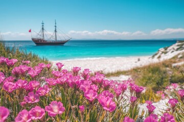 Vibrant pink flowers against a tropical beach scene featuring a pirate ship and clear skies