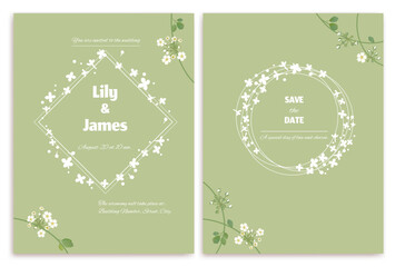 Flower. Floral background. Wedding invitation. Border. Leaves. Vector pattern. Bouquet. White flowers on a green background. Wild flowers. Simple.